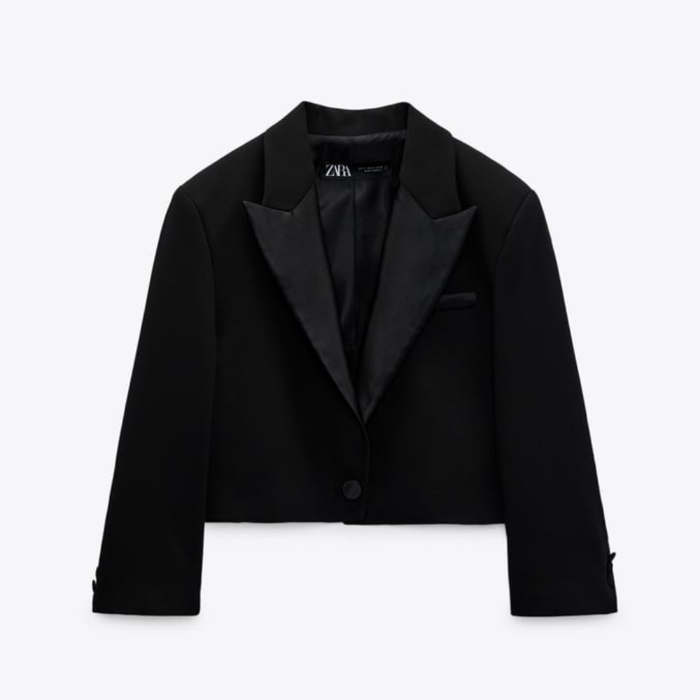 Zara Satin Effect Black Cropped Blazer SZ M